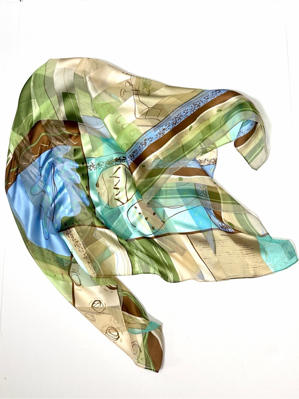Hiroko Kapp Japan Silk Scarf Abstract Geometric Patchwork Print Aqua Green Taupe